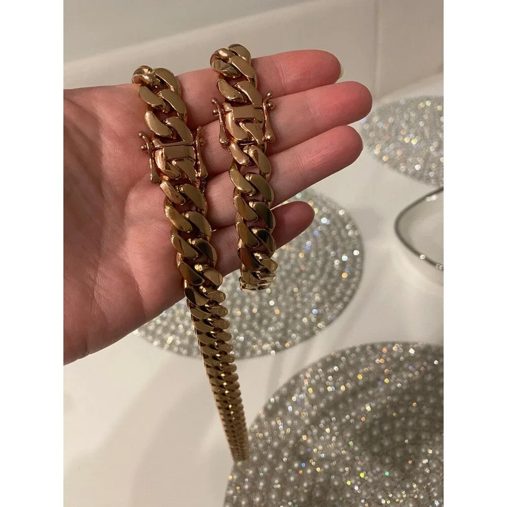 Brand new 18k rose gold Cuban link chain and bracelet set